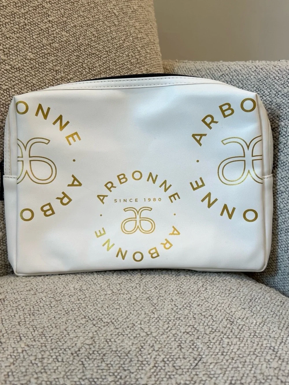 Arbonne White and Gold Logo Cosmetic Bag